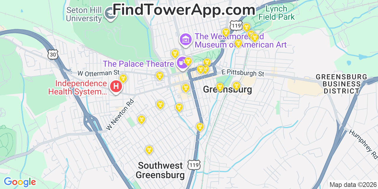 Map showing the 20 primary cell tower locations detected in Greensburg, Pennsylvania from AT&T, Verizon, and T-Mobile networks
