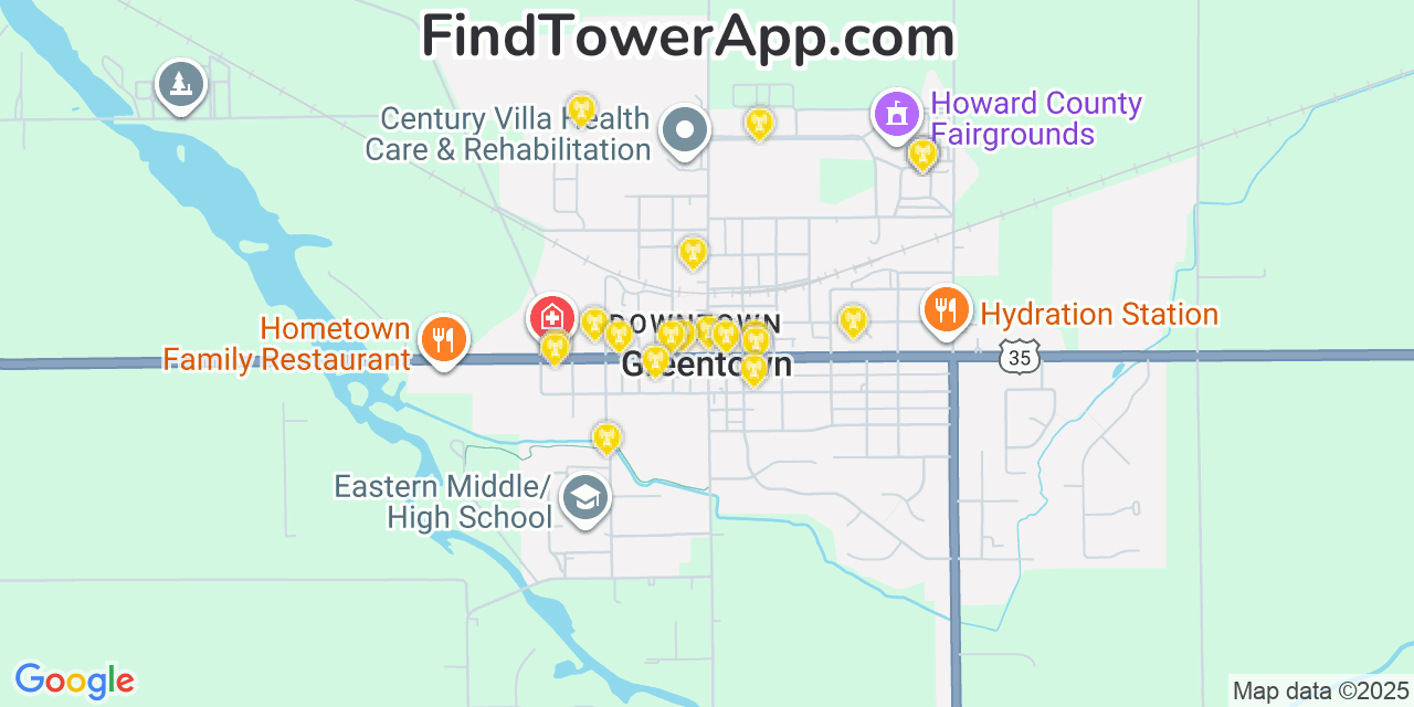 Map showing the 20 primary cell tower locations detected in Greentown, Indiana from AT&T, Verizon, and T-Mobile networks