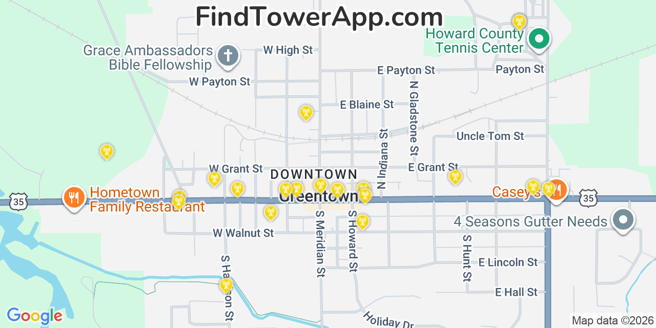 Map showing the 20 primary cell tower locations detected in Greentown, Indiana from AT&T, Verizon, and T-Mobile networks