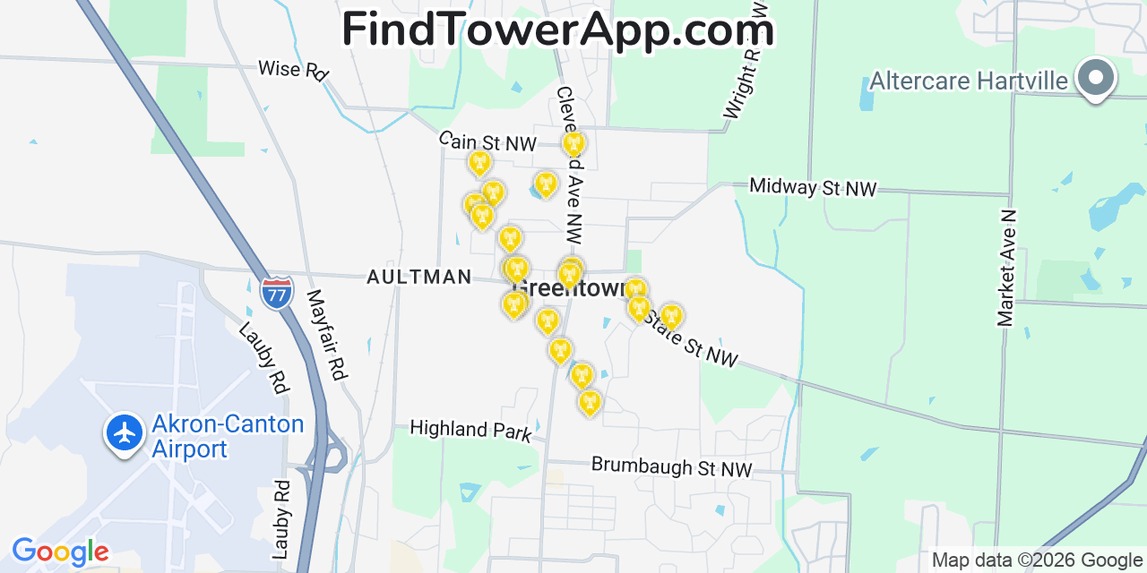 Map showing the 20 primary cell tower locations detected in Greentown, Ohio from AT&T, Verizon, and T-Mobile networks