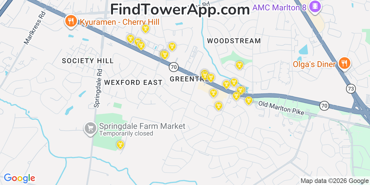 Map showing the 20 primary cell tower locations detected in Greentree, New Jersey from AT&T, Verizon, and T-Mobile networks