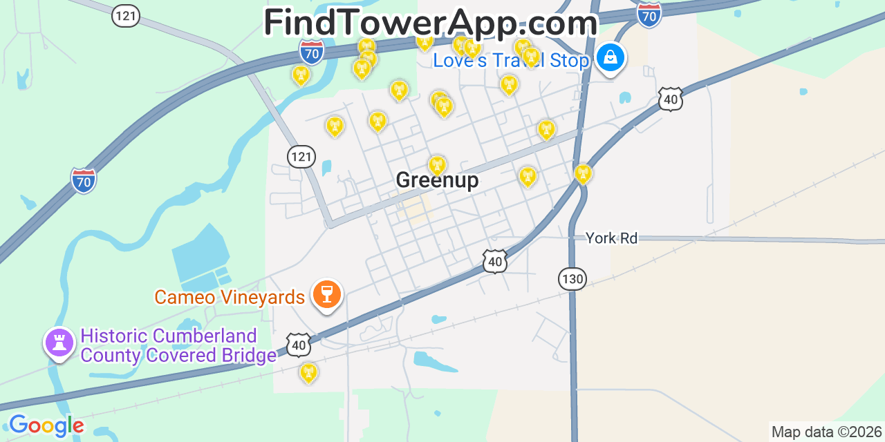 Map showing the 20 primary cell tower locations detected in Greenup, Illinois from AT&T, Verizon, and T-Mobile networks