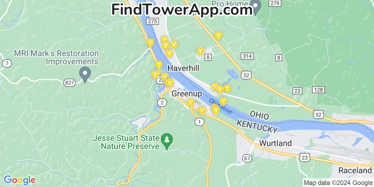 AT&T 4G/5G cell tower coverage map Greenup, Kentucky