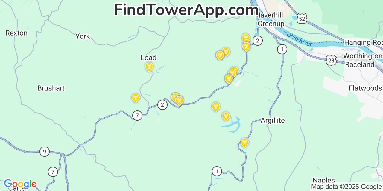 Map showing the 20 primary cell tower locations detected in Greenup, Kentucky from AT&T, Verizon, and T-Mobile networks