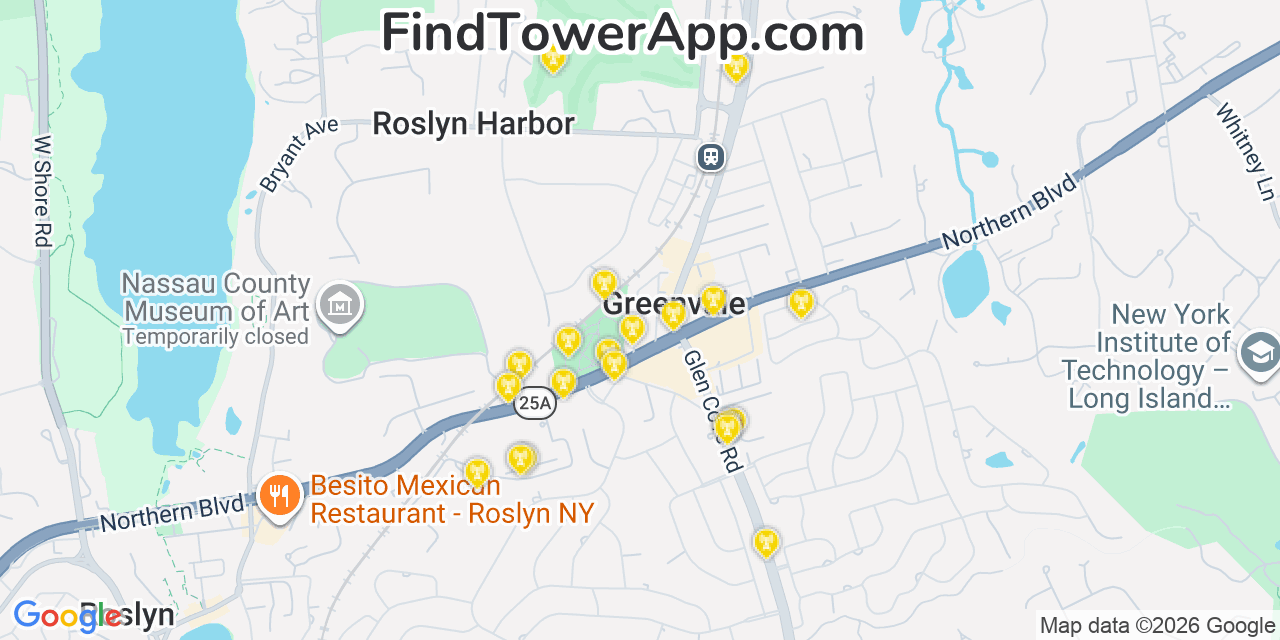 Map showing the 20 primary cell tower locations detected in Greenvale, New York from AT&T, Verizon, and T-Mobile networks