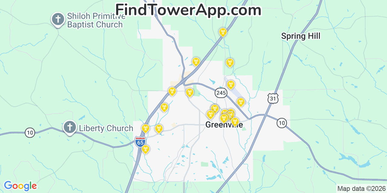 Map showing the 20 primary cell tower locations detected in Greenville, Alabama from AT&T, Verizon, and T-Mobile networks