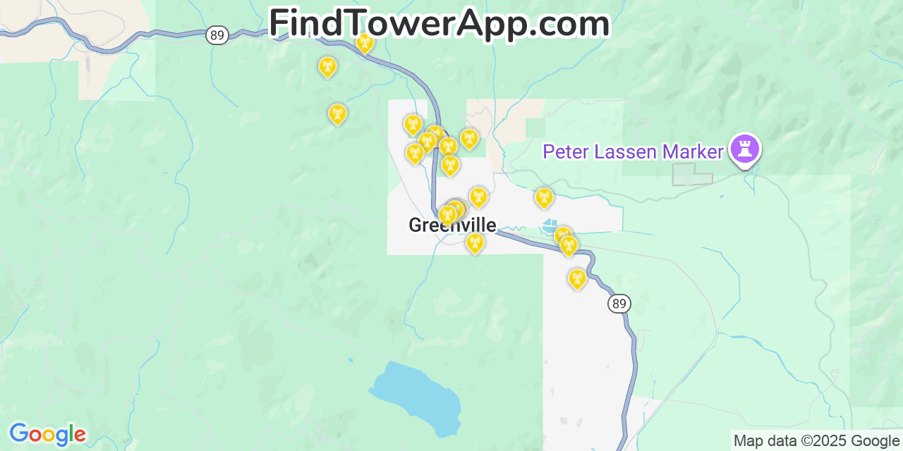 Map showing the 20 primary cell tower locations detected in Greenville, California from AT&T, Verizon, and T-Mobile networks