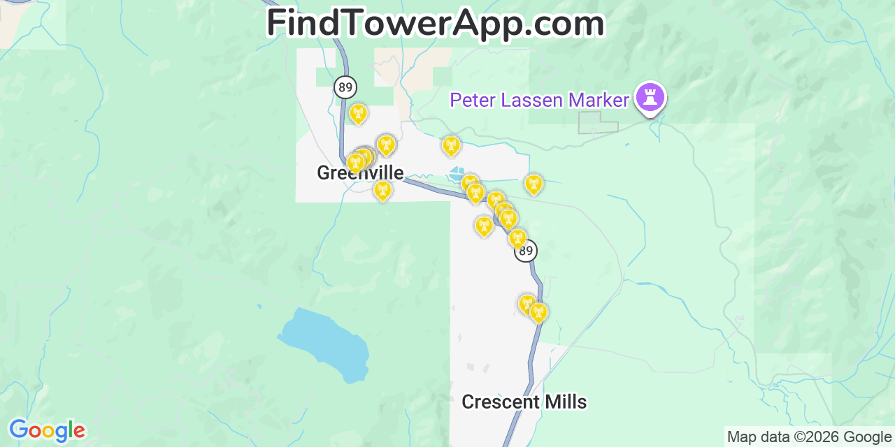 Map showing the 20 primary cell tower locations detected in Greenville, California from AT&T, Verizon, and T-Mobile networks
