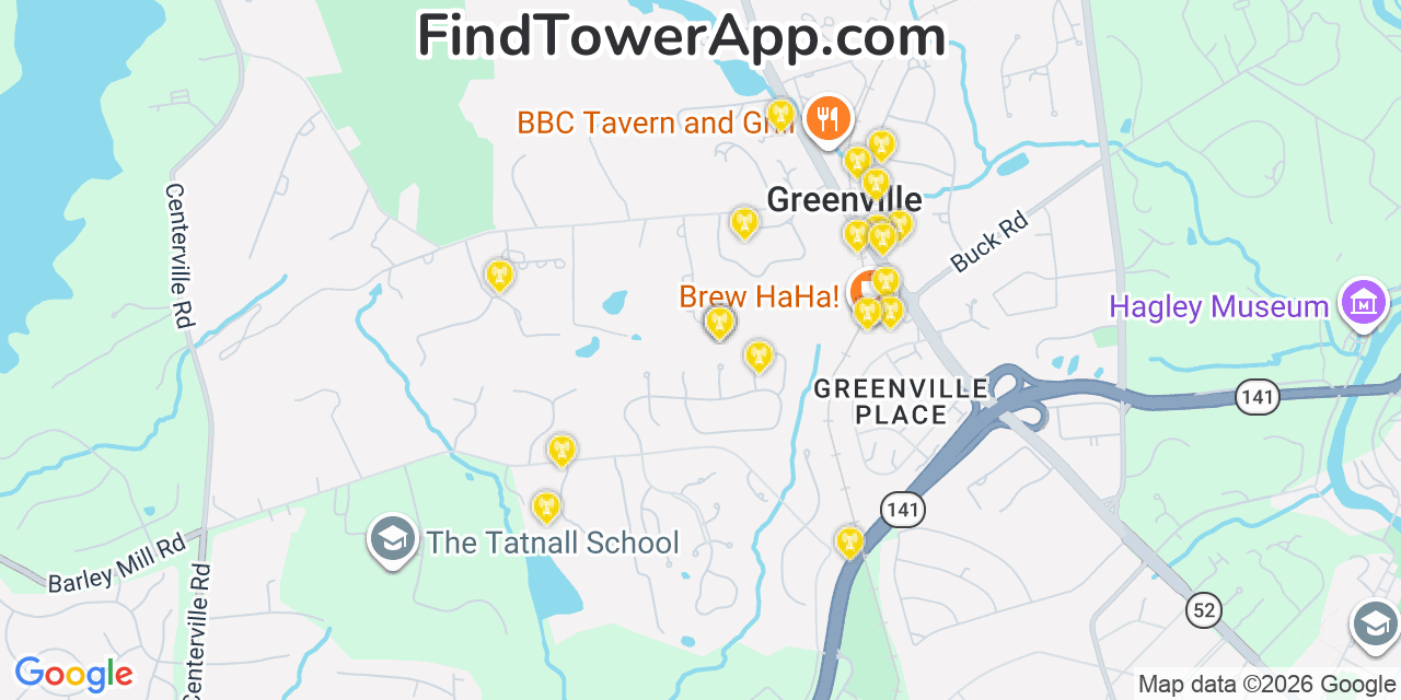 Map showing the 20 primary cell tower locations detected in Greenville, Delaware from AT&T, Verizon, and T-Mobile networks