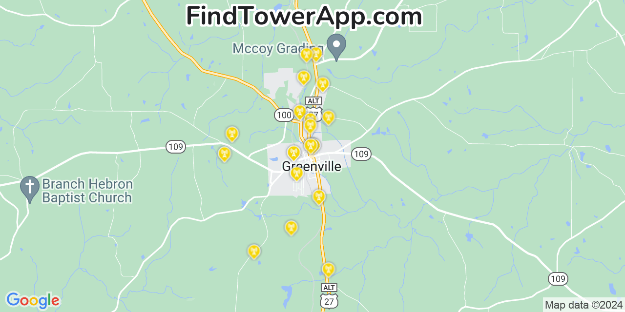 AT&T 4G/5G cell tower coverage map Greenville, Georgia