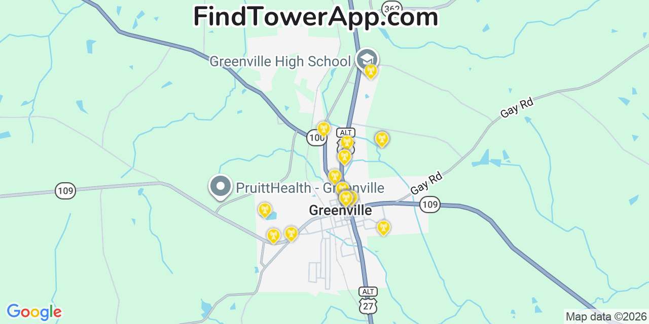 Map showing the 20 primary cell tower locations detected in Greenville, Georgia from AT&T, Verizon, and T-Mobile networks