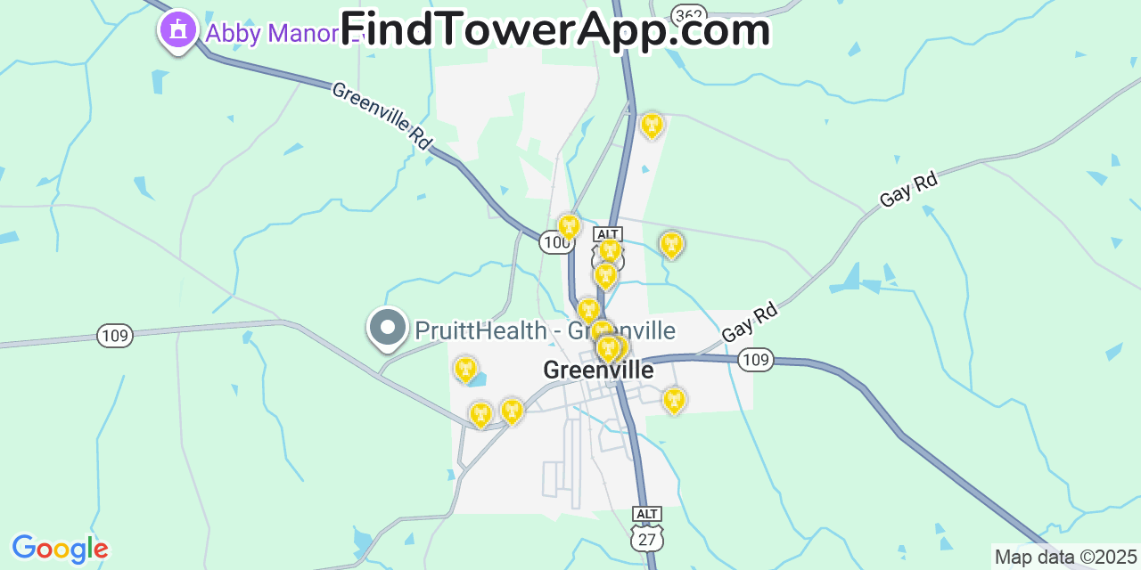 Map showing the 20 primary Mobitel cell tower locations detected in Greenville, Georgia with coverage radius and signal strength indicators