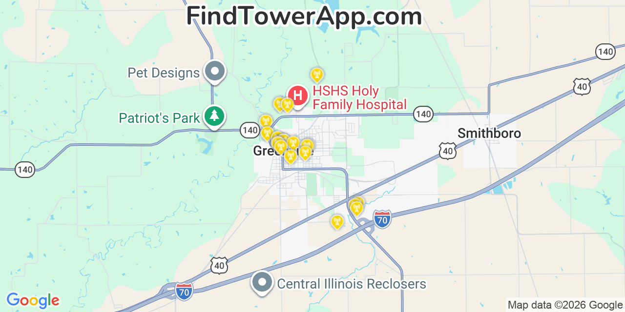 Map showing the 20 primary cell tower locations detected in Greenville, Illinois from AT&T, Verizon, and T-Mobile networks