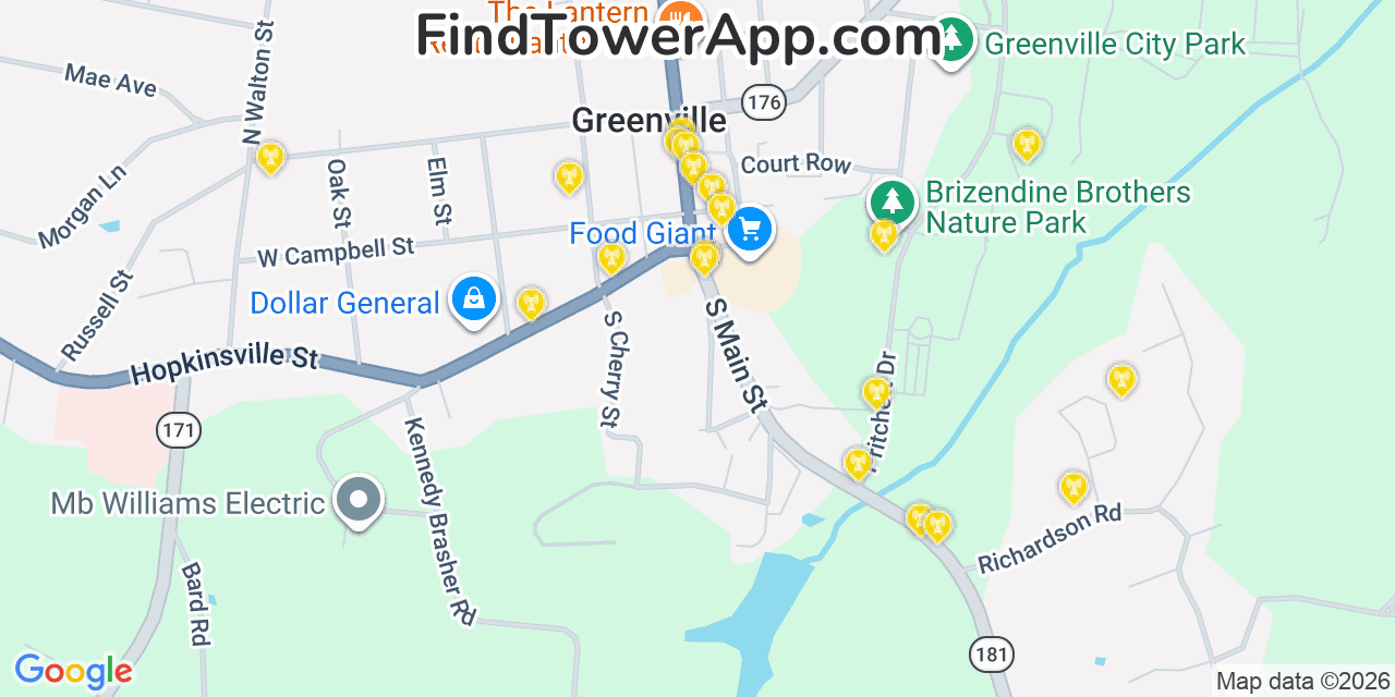 Map showing the 20 primary cell tower locations detected in Greenville, Kentucky from AT&T, Verizon, and T-Mobile networks