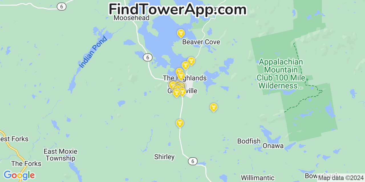 AT&T 4G/5G cell tower coverage map Greenville, Maine