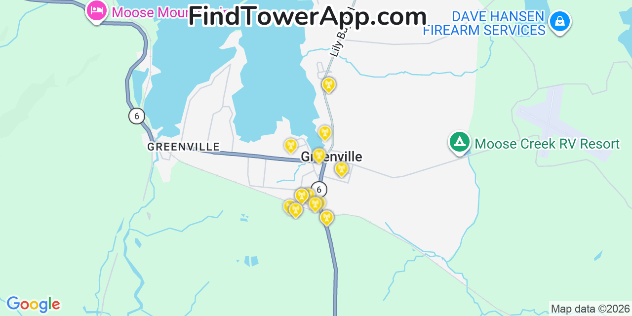 Map showing the 20 primary cell tower locations detected in Greenville, Maine from AT&T, Verizon, and T-Mobile networks