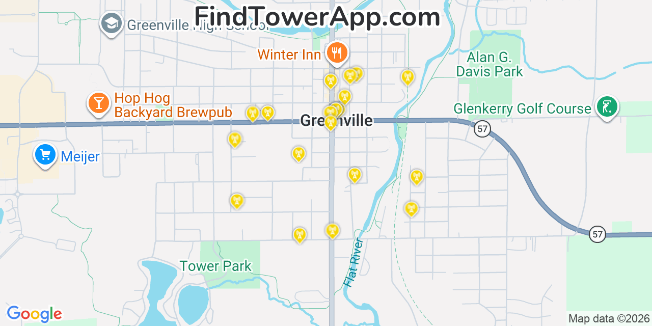 Map showing the 20 primary cell tower locations detected in Greenville, Michigan from AT&T, Verizon, and T-Mobile networks