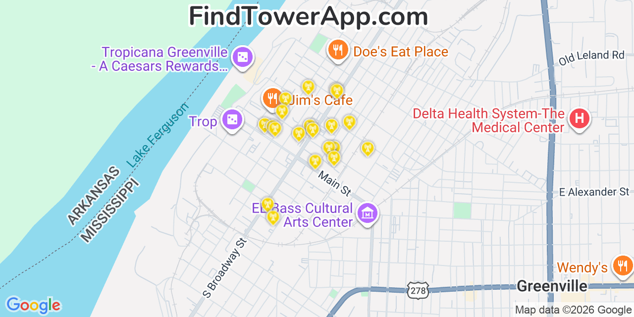 Map showing the 20 primary cell tower locations detected in Greenville, Mississippi from AT&T, Verizon, and T-Mobile networks