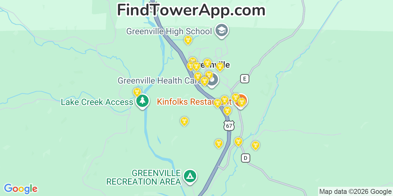 Map showing the 20 primary cell tower locations detected in Greenville, Missouri from AT&T, Verizon, and T-Mobile networks