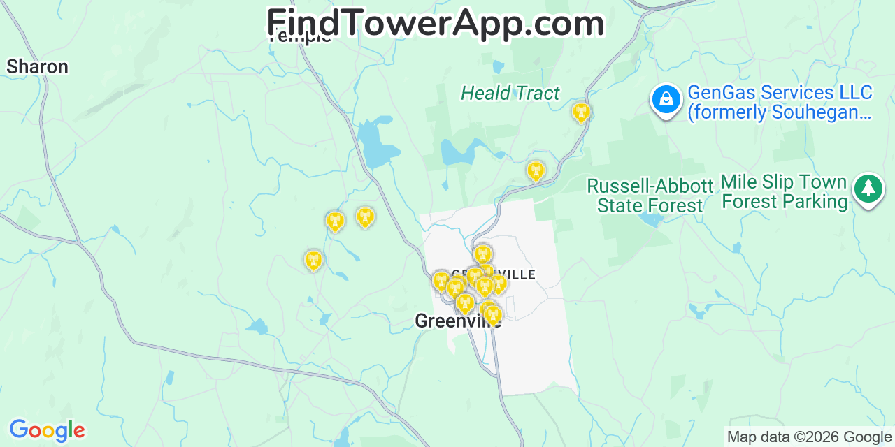 Map showing the 20 primary cell tower locations detected in Greenville, New Hampshire from AT&T, Verizon, and T-Mobile networks