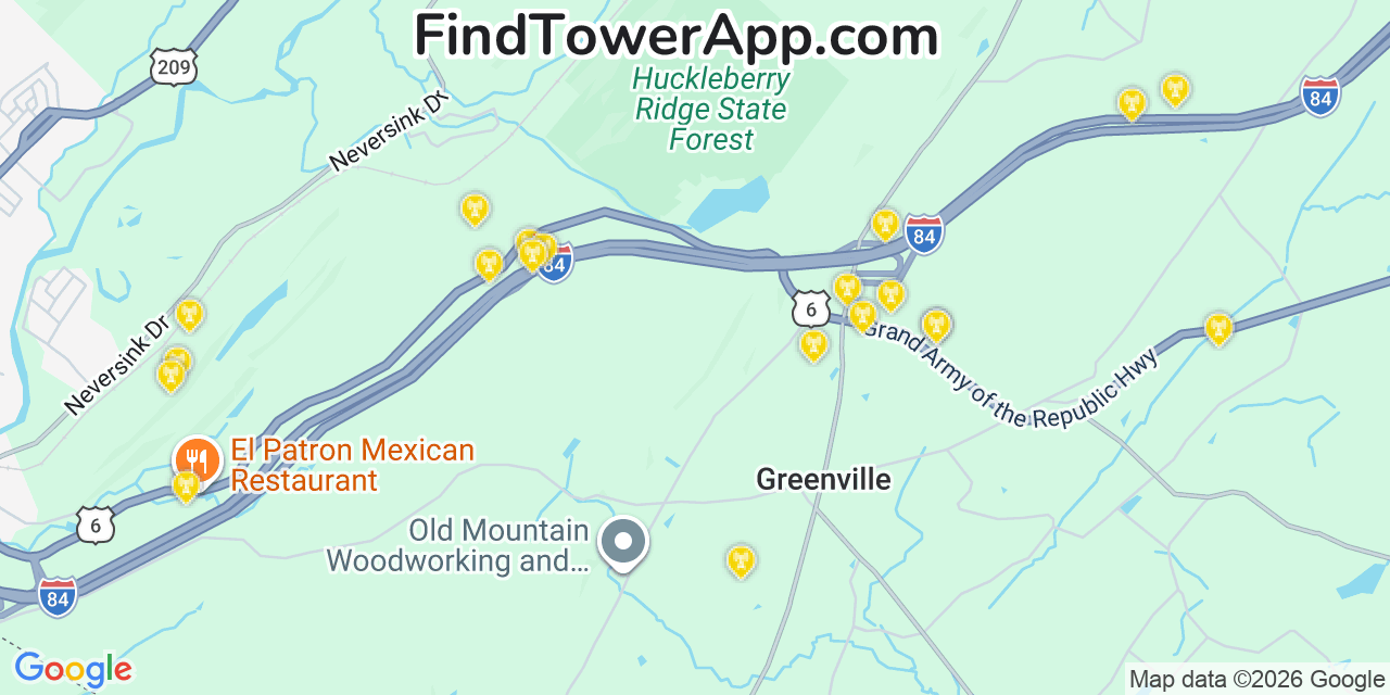 Map showing the 20 primary cell tower locations detected in Greenville, New York from AT&T, Verizon, and T-Mobile networks
