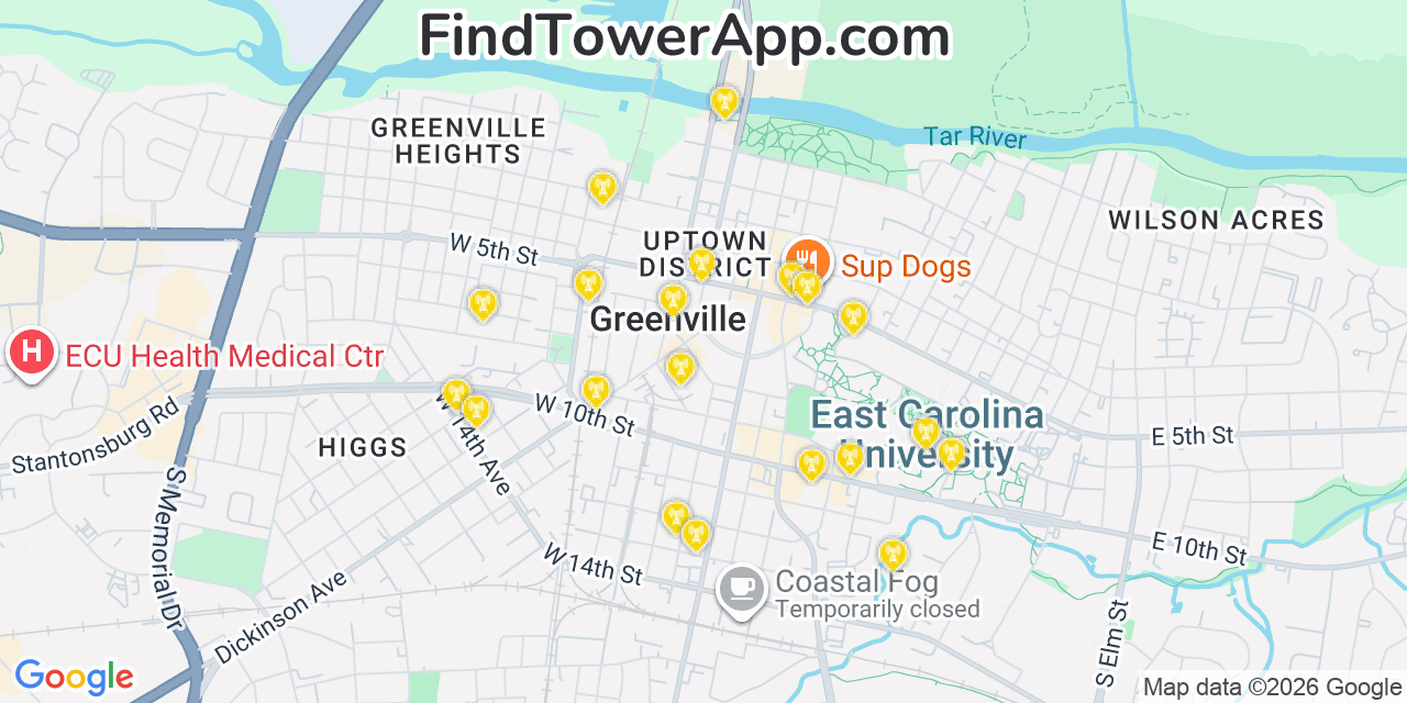 Map showing the 20 primary cell tower locations detected in Greenville, North Carolina from AT&T, Verizon, and T-Mobile networks