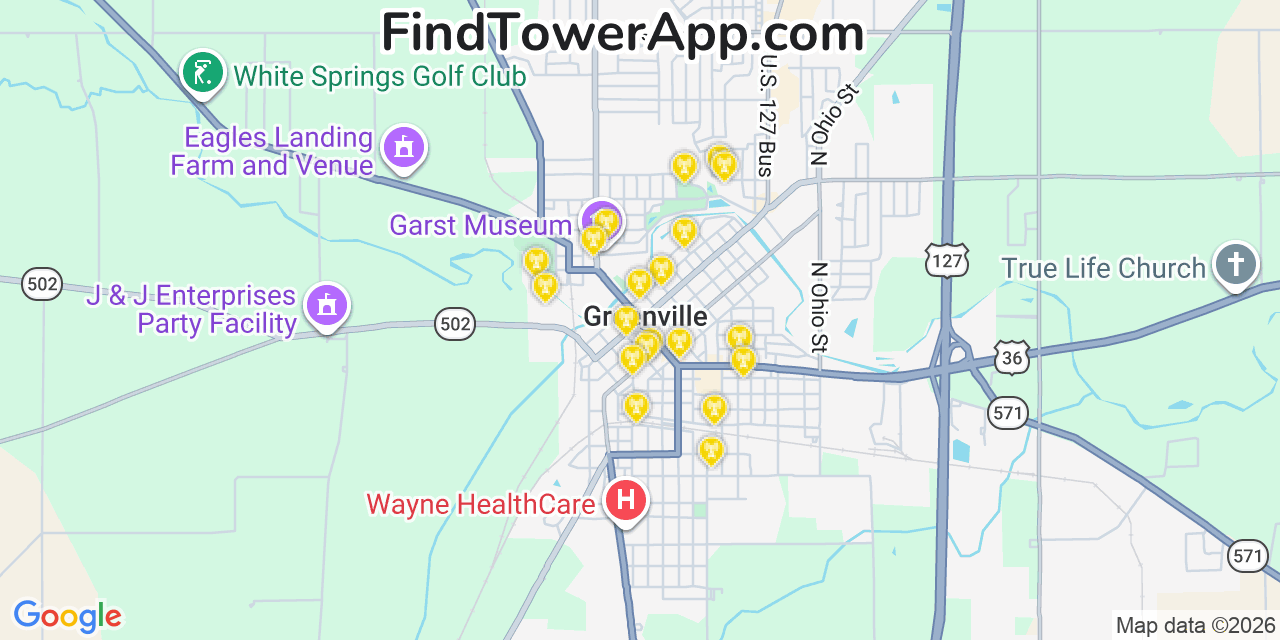 Map showing the 20 primary cell tower locations detected in Greenville, Ohio from AT&T, Verizon, and T-Mobile networks