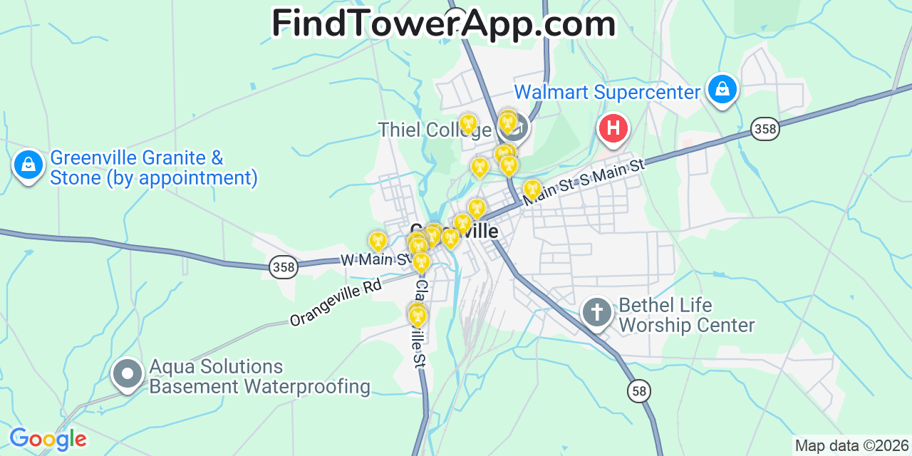Map showing the 20 primary cell tower locations detected in Greenville, Pennsylvania from AT&T, Verizon, and T-Mobile networks