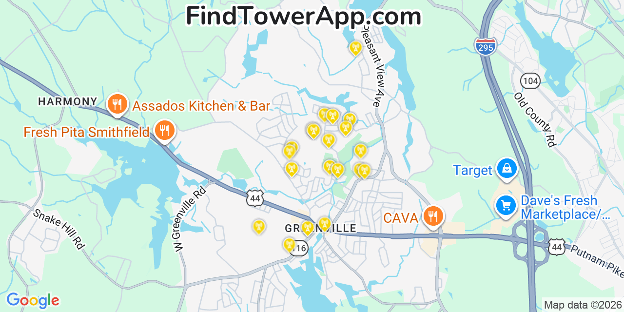 Map showing the 20 primary cell tower locations detected in Greenville, Rhode Island from AT&T, Verizon, and T-Mobile networks
