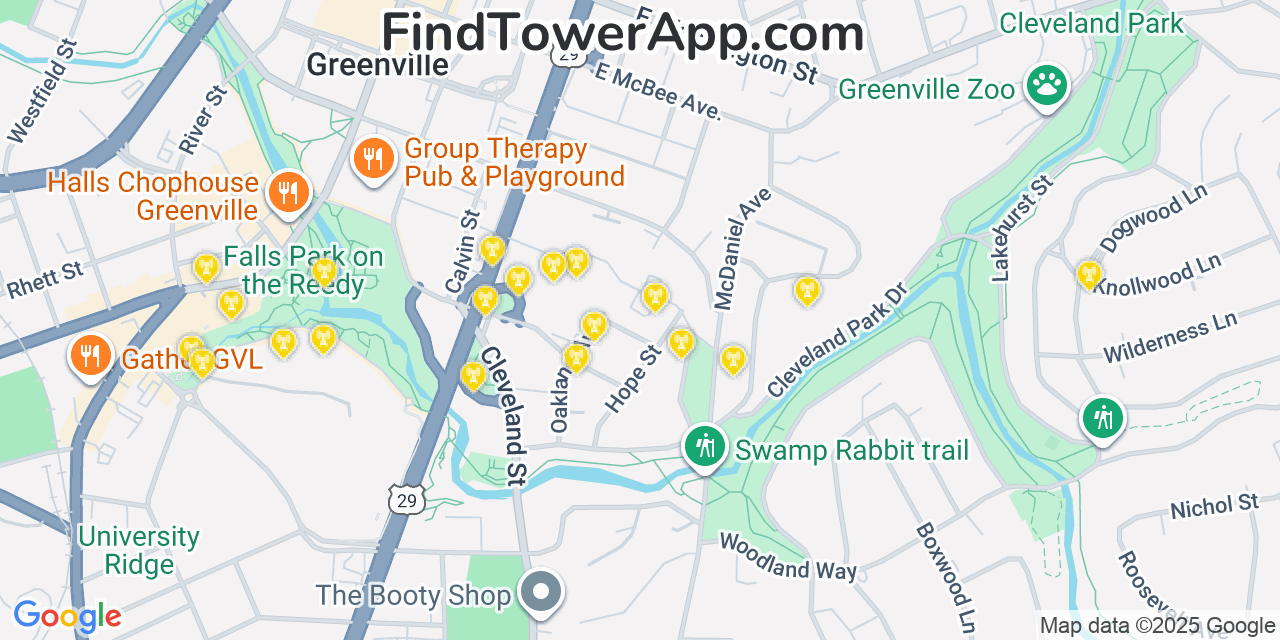 Map showing the 20 primary cell tower locations detected in Greenville, South Carolina from AT&T, Verizon, and T-Mobile networks