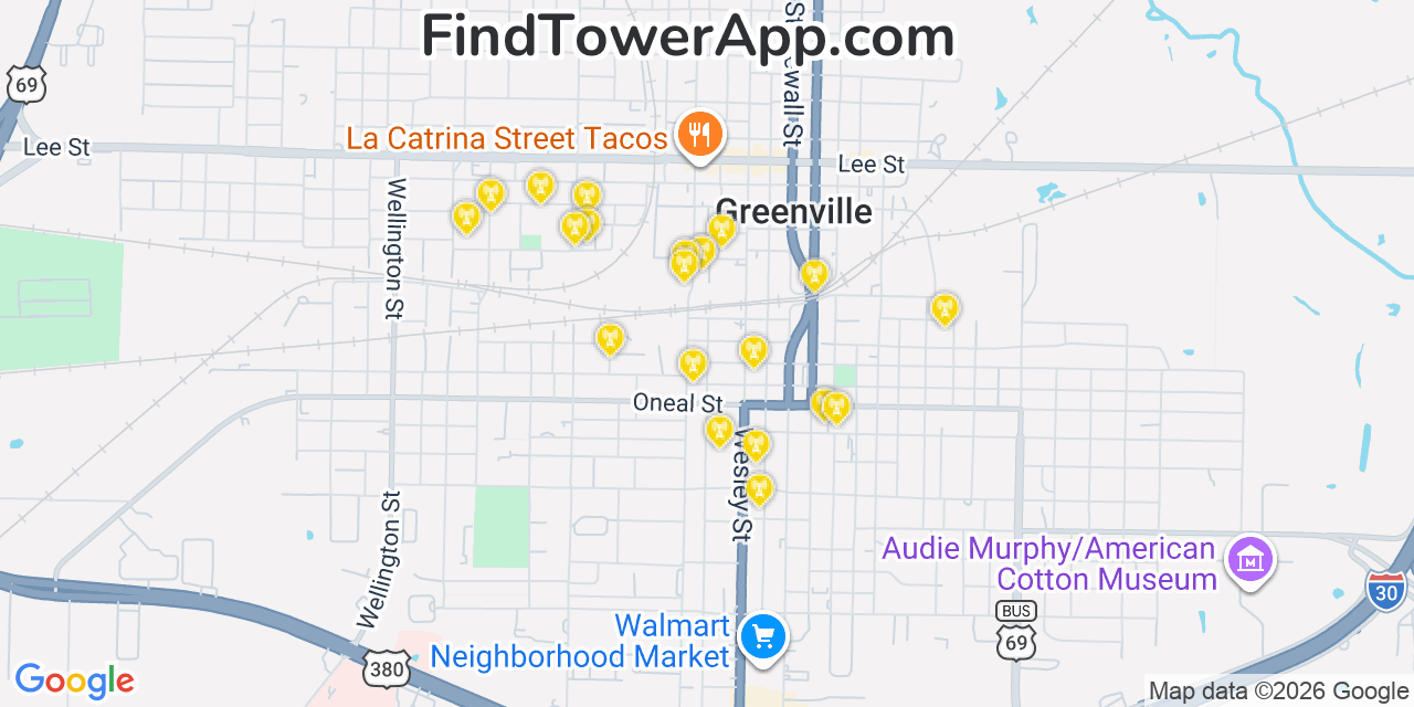 Map showing the 20 primary cell tower locations detected in Greenville, Texas from AT&T, Verizon, and T-Mobile networks