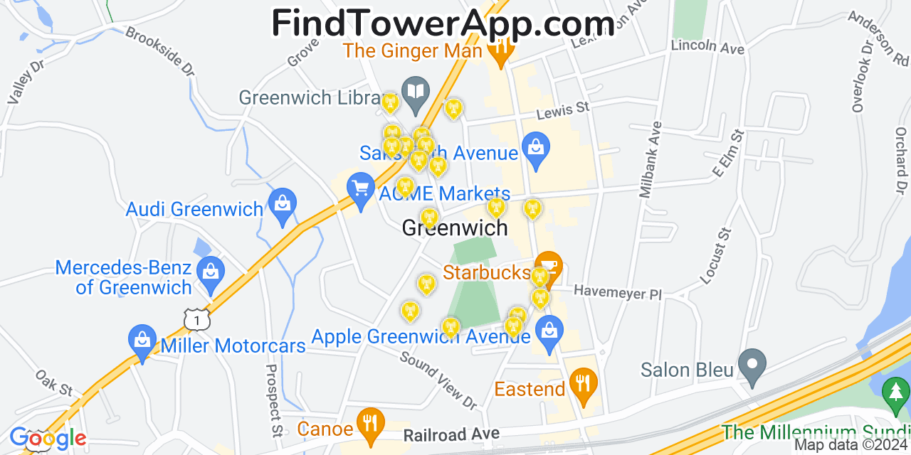 AT&T 4G/5G cell tower coverage map Greenwich, Connecticut