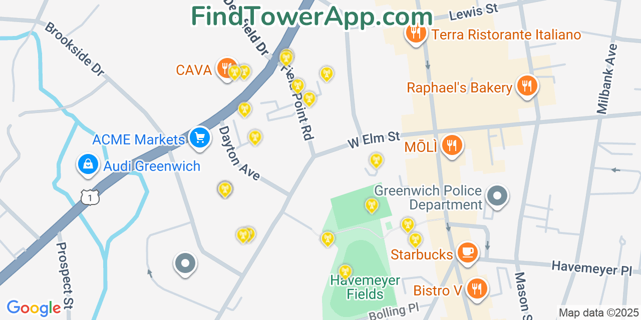 Map showing the 20 primary cell tower locations detected in Greenwich, Connecticut from AT&T, Verizon, and T-Mobile networks