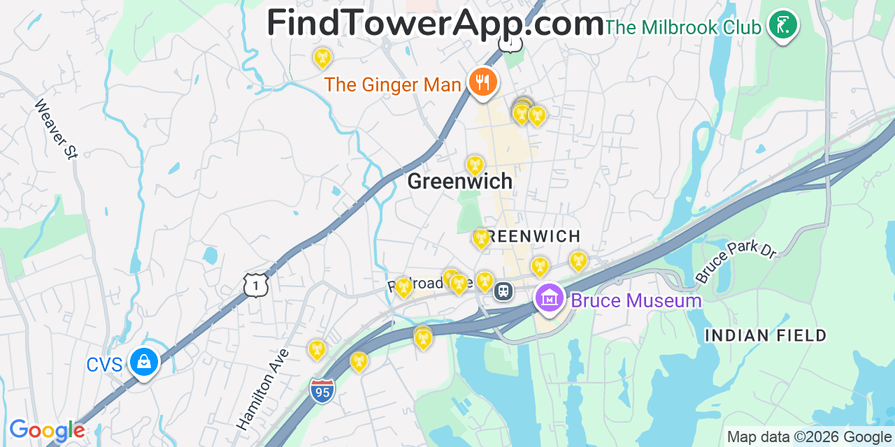Map showing the 20 primary cell tower locations detected in Greenwich, Connecticut from AT&T, Verizon, and T-Mobile networks