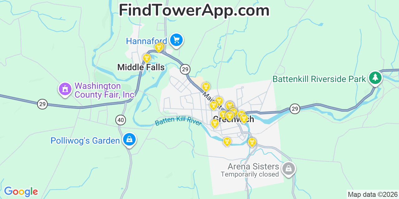 Map showing the 20 primary cell tower locations detected in Greenwich, New York from AT&T, Verizon, and T-Mobile networks