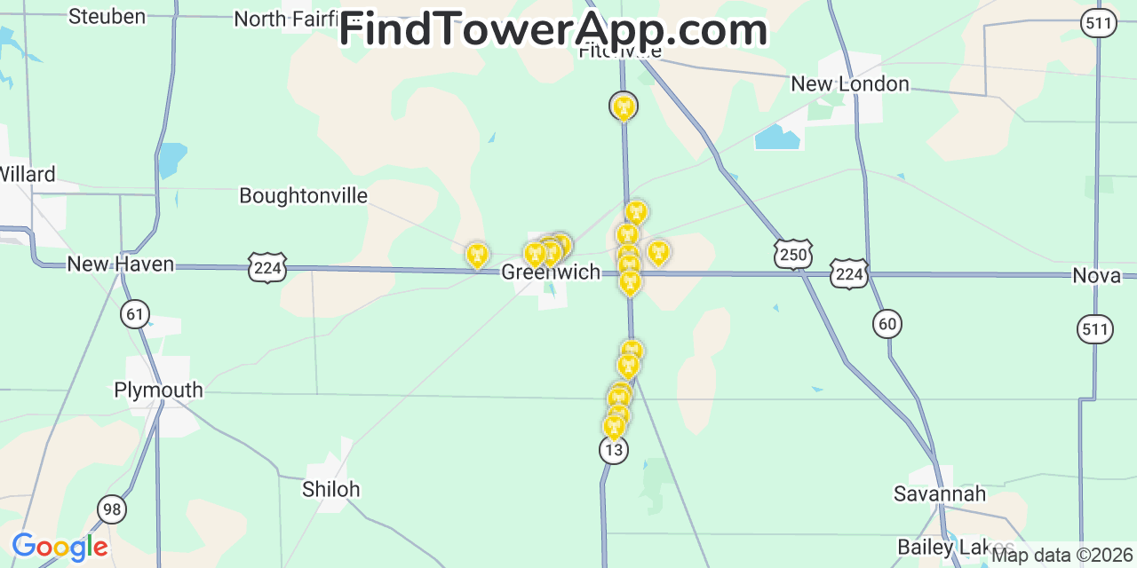 Map showing the 20 primary cell tower locations detected in Greenwich, Ohio from AT&T, Verizon, and T-Mobile networks