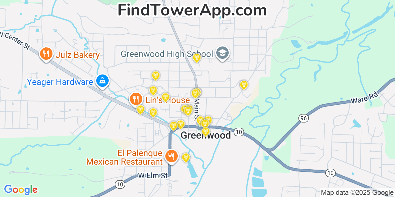 Map showing the 20 primary cell tower locations detected in Greenwood, Arkansas from AT&T, Verizon, and T-Mobile networks