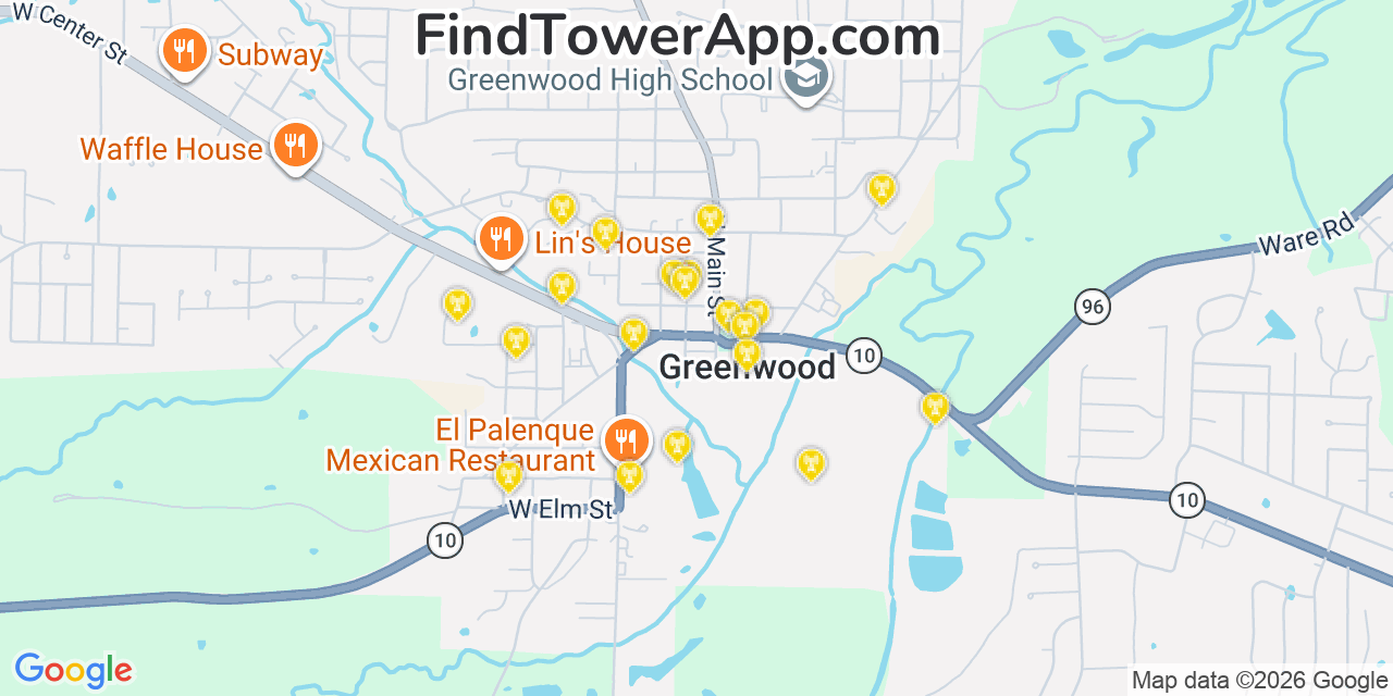 Map showing the 20 primary cell tower locations detected in Greenwood, Arkansas from AT&T, Verizon, and T-Mobile networks
