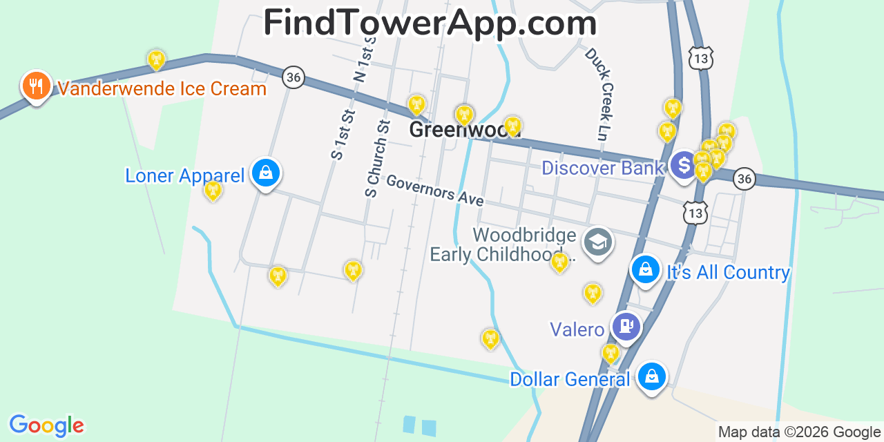 Map showing the 20 primary cell tower locations detected in Greenwood, Delaware from AT&T, Verizon, and T-Mobile networks