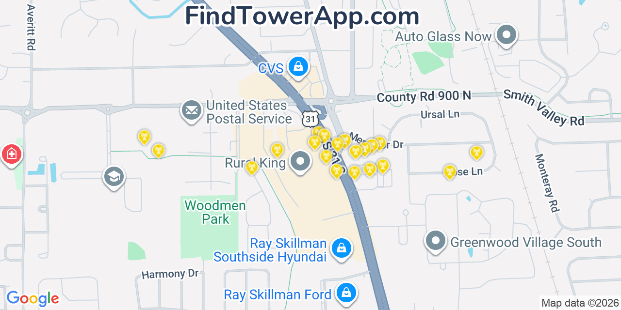 Map showing the 20 primary cell tower locations detected in Greenwood, Indiana from AT&T, Verizon, and T-Mobile networks