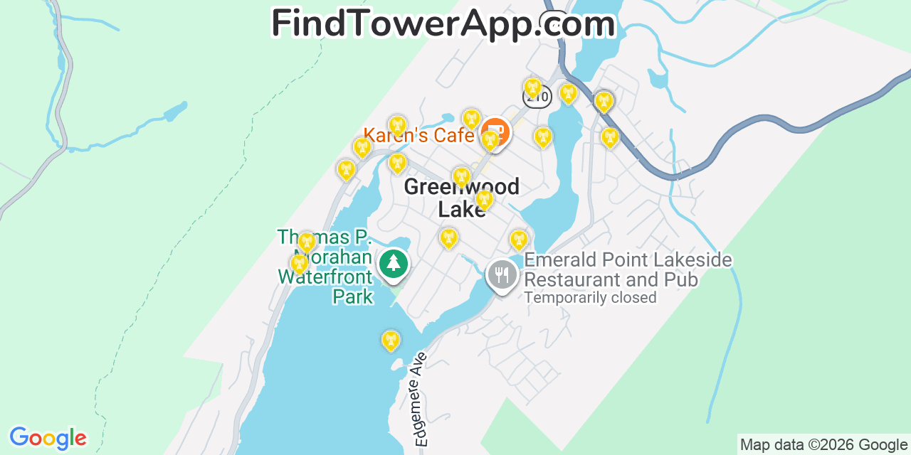 Map showing the 20 primary cell tower locations detected in Greenwood Lake, New York from AT&T, Verizon, and T-Mobile networks