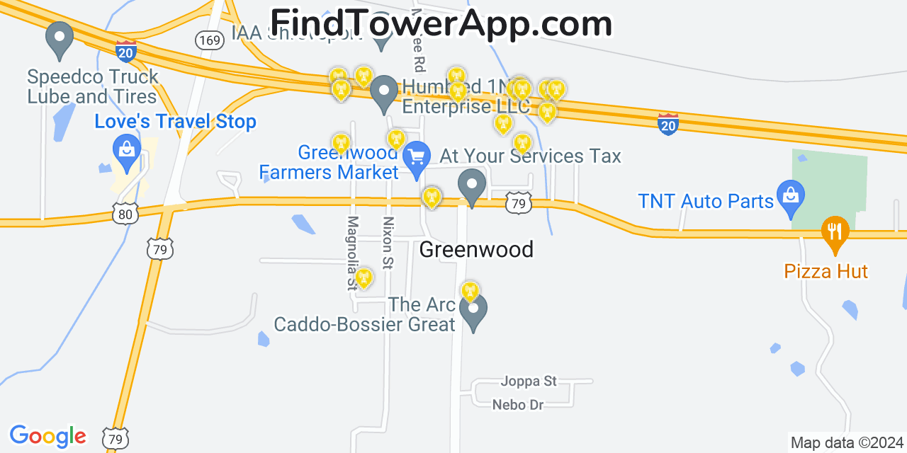 AT&T 4G/5G cell tower coverage map Greenwood, Louisiana