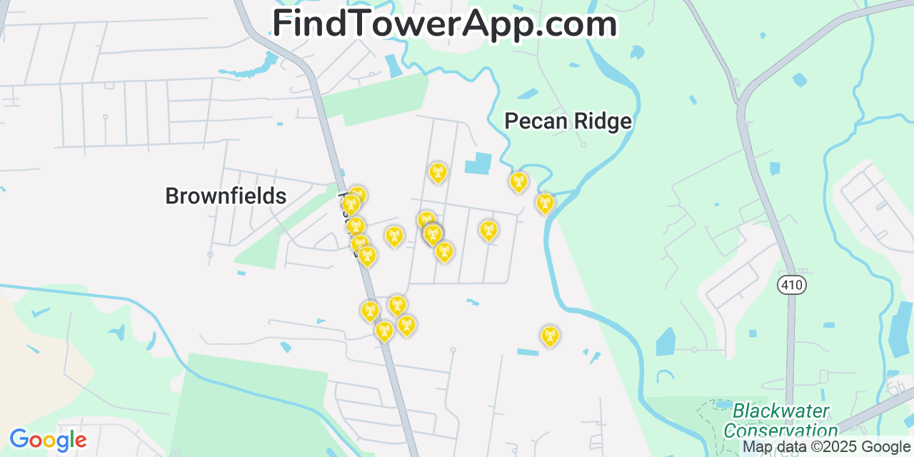 Map showing the 20 primary cell tower locations detected in Greenwood, Louisiana from AT&T, Verizon, and T-Mobile networks