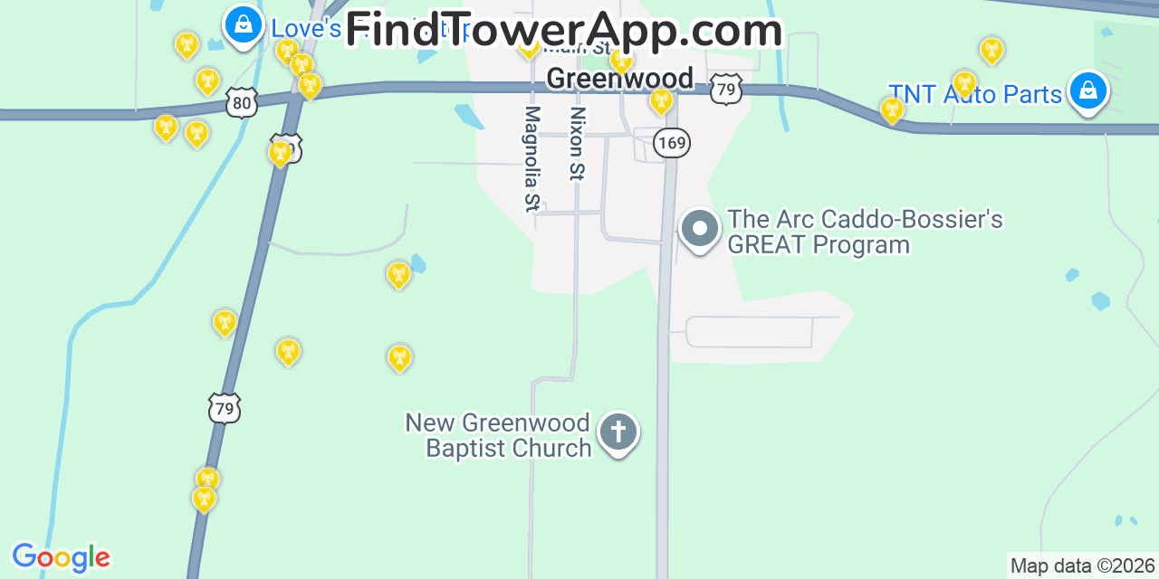 Map showing the 20 primary cell tower locations detected in Greenwood, Louisiana from AT&T, Verizon, and T-Mobile networks