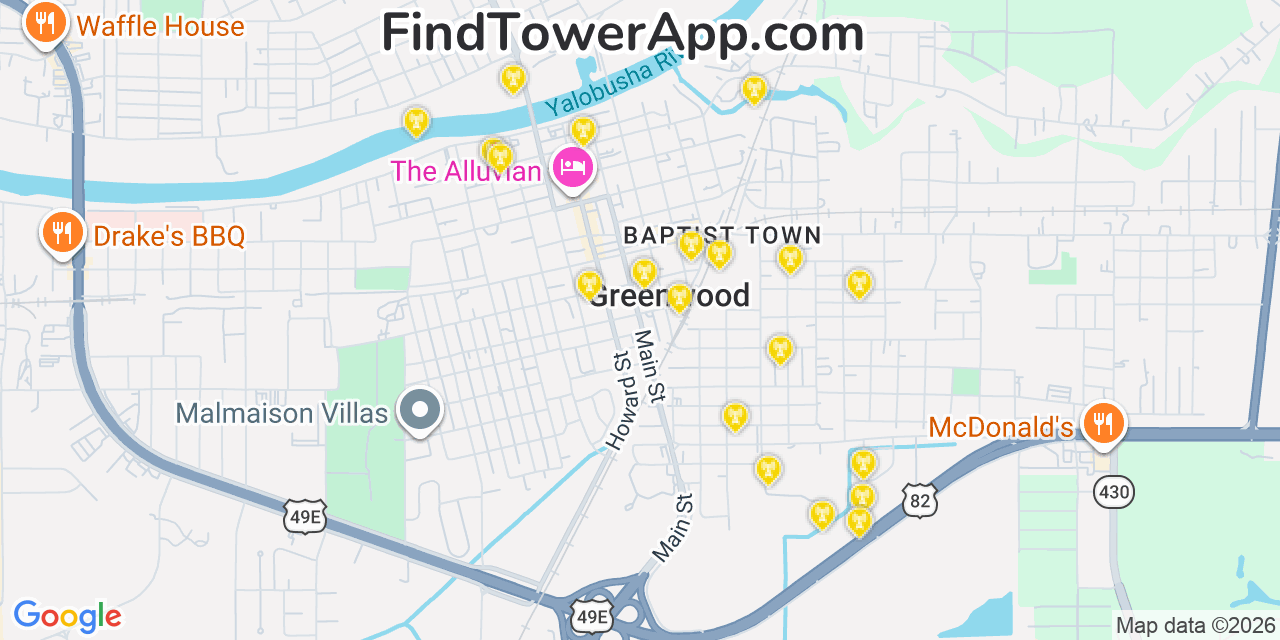 Map showing the 20 primary cell tower locations detected in Greenwood, Mississippi from AT&T, Verizon, and T-Mobile networks