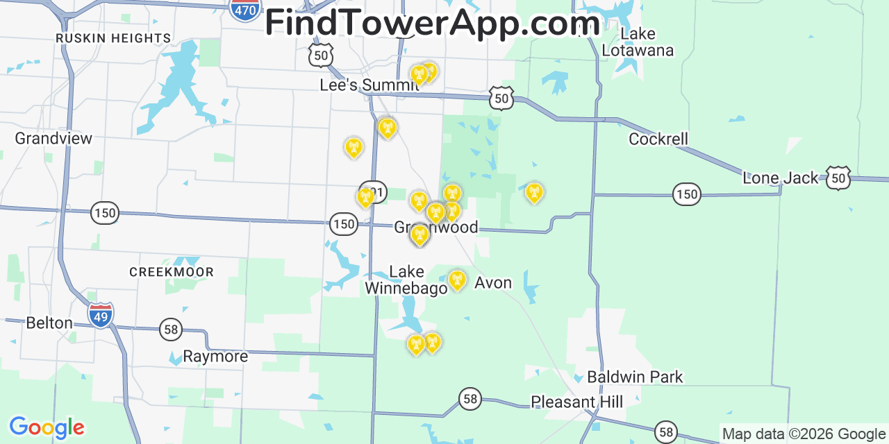 Map showing the 20 primary cell tower locations detected in Greenwood, Missouri from AT&T, Verizon, and T-Mobile networks