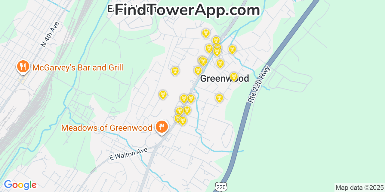 Map showing the 20 primary cell tower locations detected in Greenwood, Pennsylvania from AT&T, Verizon, and T-Mobile networks