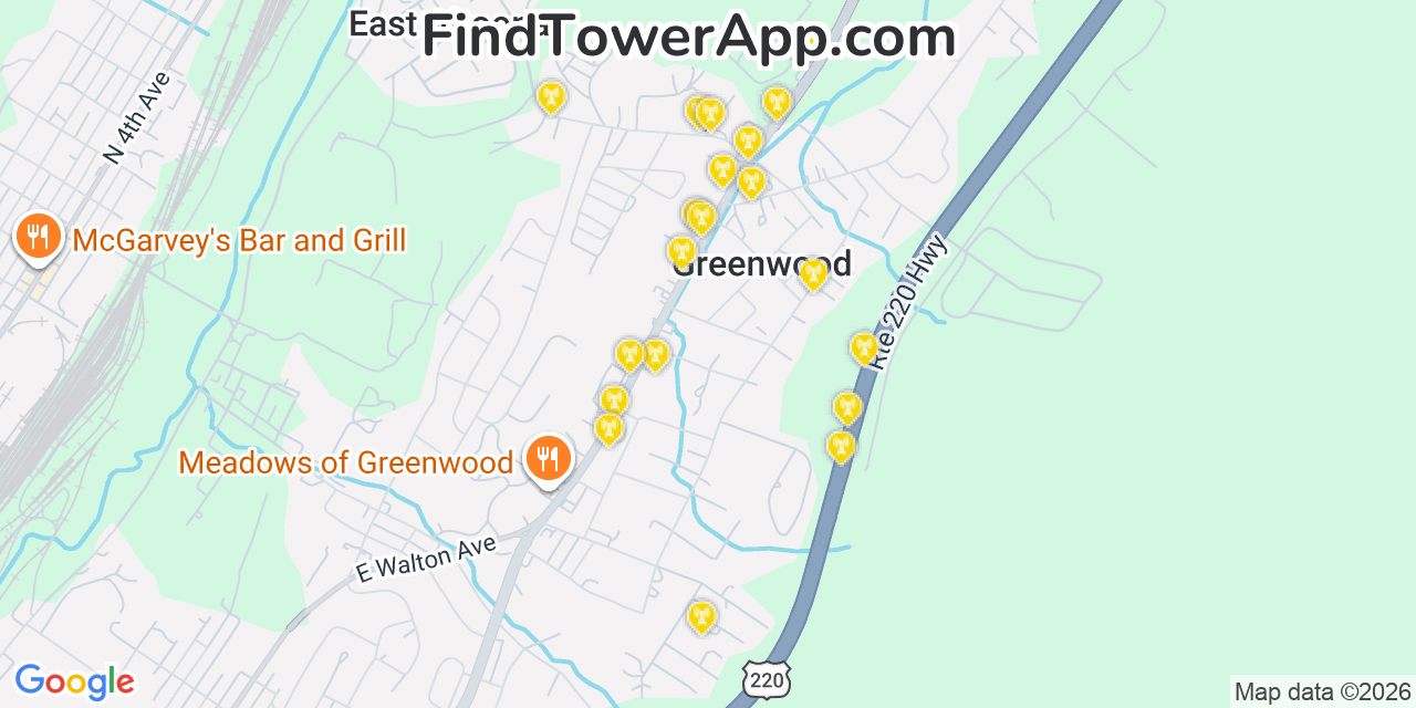 Map showing the 20 primary cell tower locations detected in Greenwood, Pennsylvania from AT&T, Verizon, and T-Mobile networks