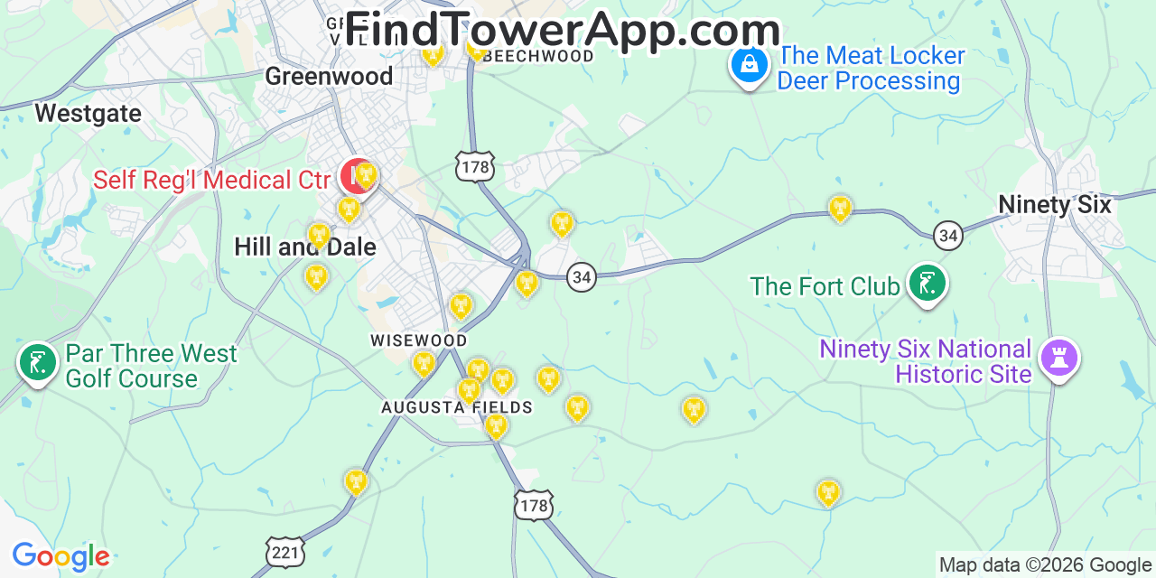 Map showing the 20 primary cell tower locations detected in Greenwood, South Carolina from AT&T, Verizon, and T-Mobile networks