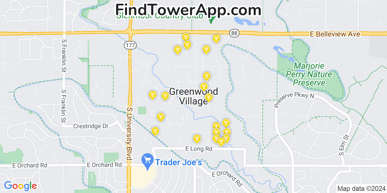 AT&T 4G/5G cell tower coverage map Greenwood Village, Colorado